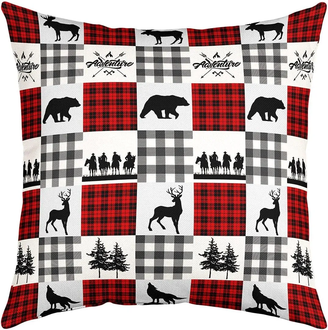 Manfei Bear Plaids 18x18 Inch Square Pillow Cover Elk Wolf Animals Hunting Throw Pillow Cover for Living Room Bed Southwestern Cowboy Lattice Red Home Decor Party Sofa Cushion Case Pillowcase