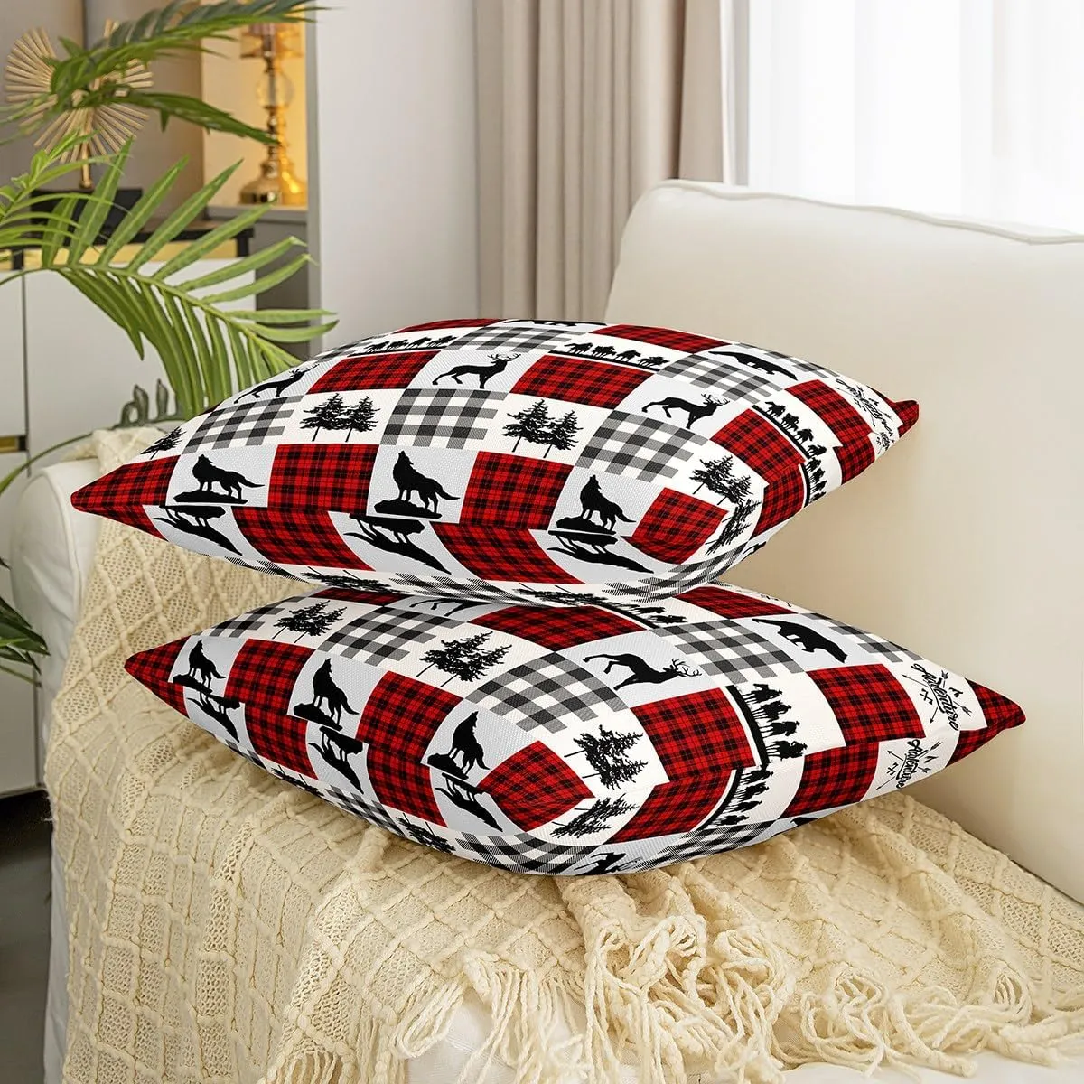 Manfei Bear Plaids 18x18 Inch Square Pillow Cover Elk Wolf Animals Hunting Throw Pillow Cover for Living Room Bed Southwestern Cowboy Lattice Red Home Decor Party Sofa Cushion Case Pillowcase