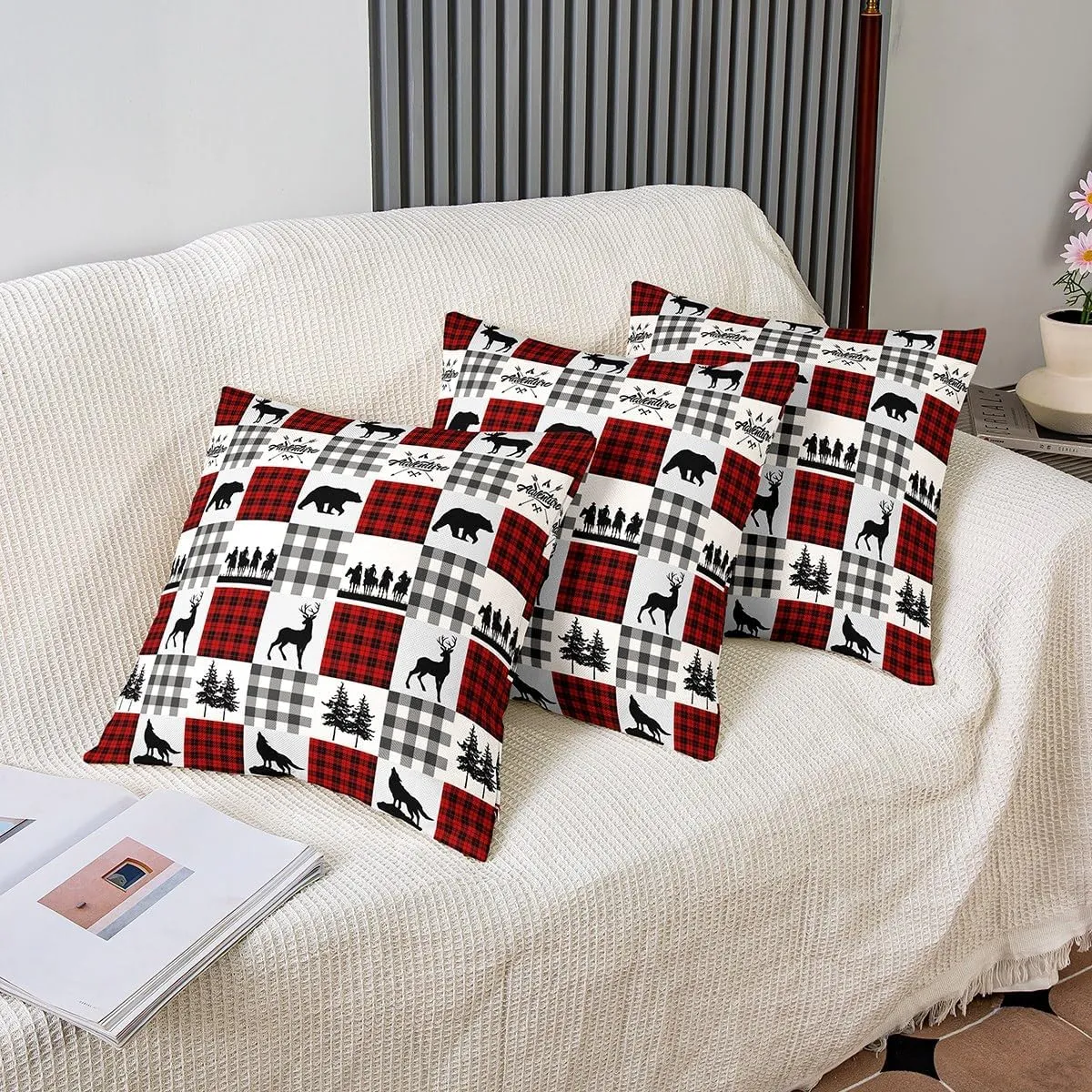 Manfei Bear Plaids 18x18 Inch Square Pillow Cover Elk Wolf Animals Hunting Throw Pillow Cover for Living Room Bed Southwestern Cowboy Lattice Red Home Decor Party Sofa Cushion Case Pillowcase