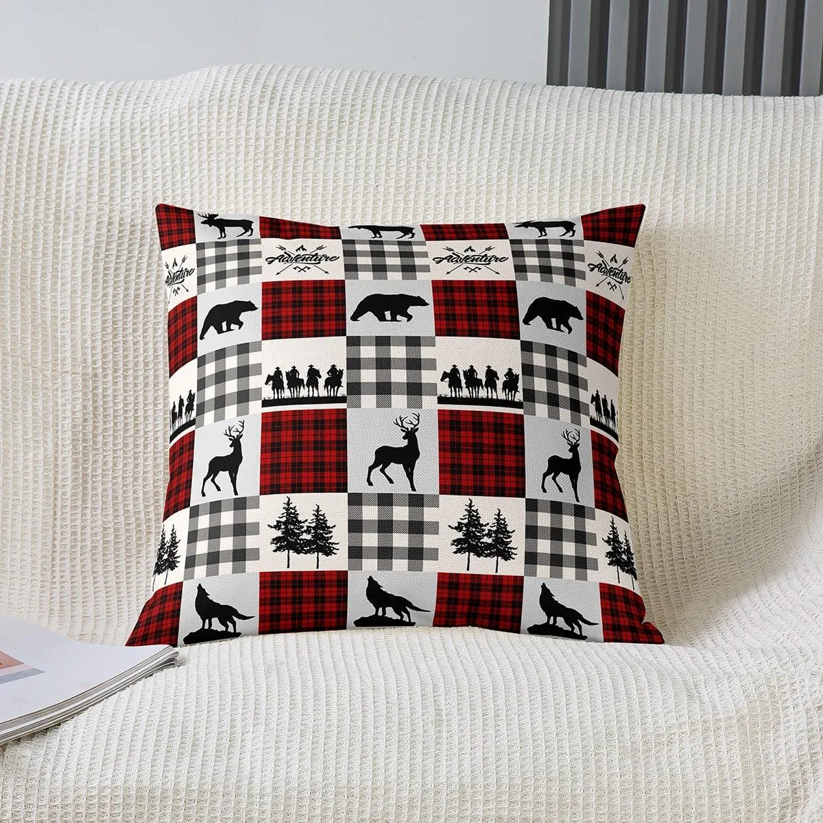 Manfei Bear Plaids 18x18 Inch Square Pillow Cover Elk Wolf Animals Hunting Throw Pillow Cover for Living Room Bed Southwestern Cowboy Lattice Red Home Decor Party Sofa Cushion Case Pillowcase