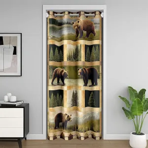 Manfei Wild Bear Blackout Curtain 80"×34",Rustic Lodge Cabin Jungle Pine Trees 1 Panel Door Curtain,Wild Animal Retro Brown Plaids Patchwork Doorway Curtain Restaurant