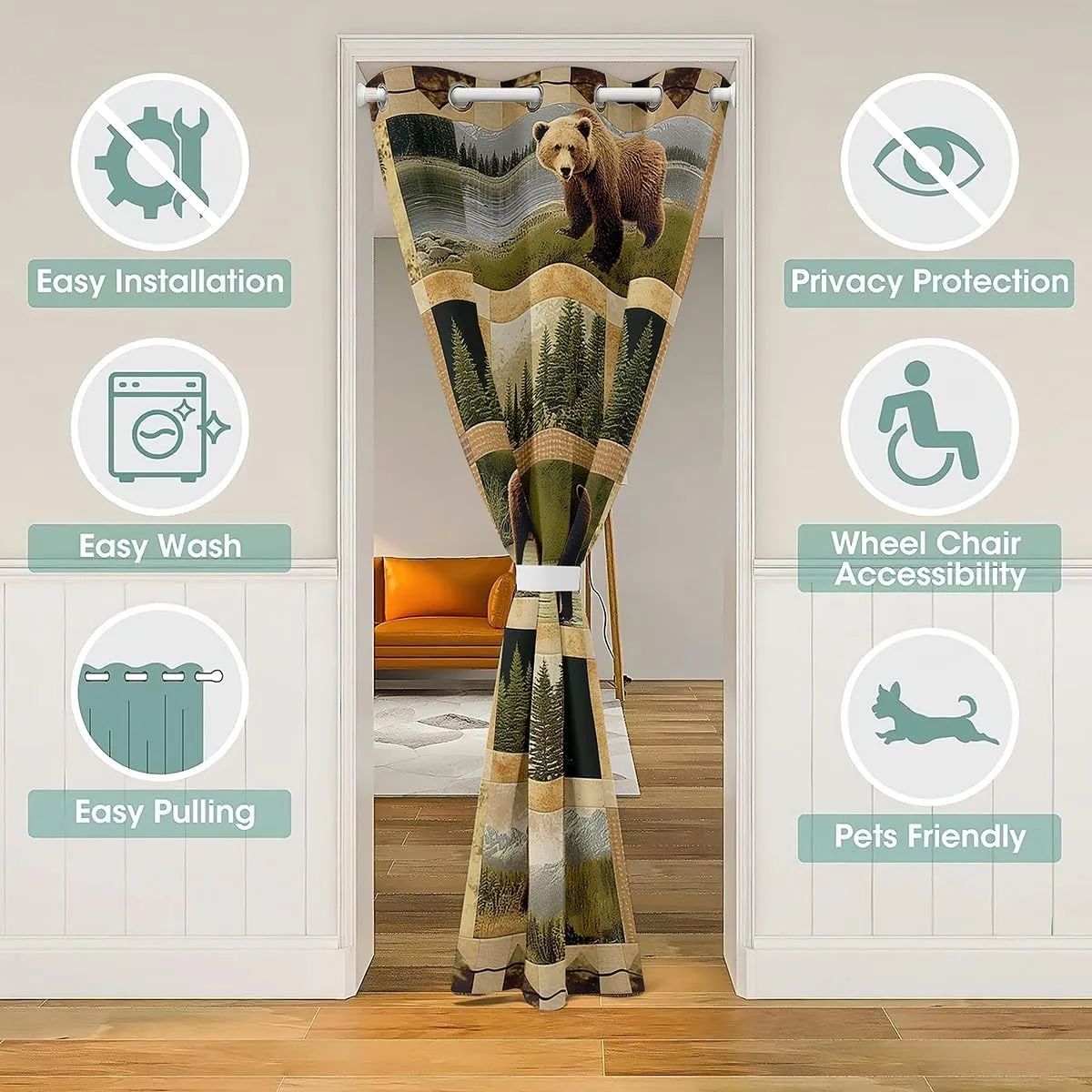 Manfei Wild Bear Blackout Curtain 80"×34",Rustic Lodge Cabin Jungle Pine Trees 1 Panel Door Curtain,Wild Animal Retro Brown Plaids Patchwork Doorway Curtain Restaurant