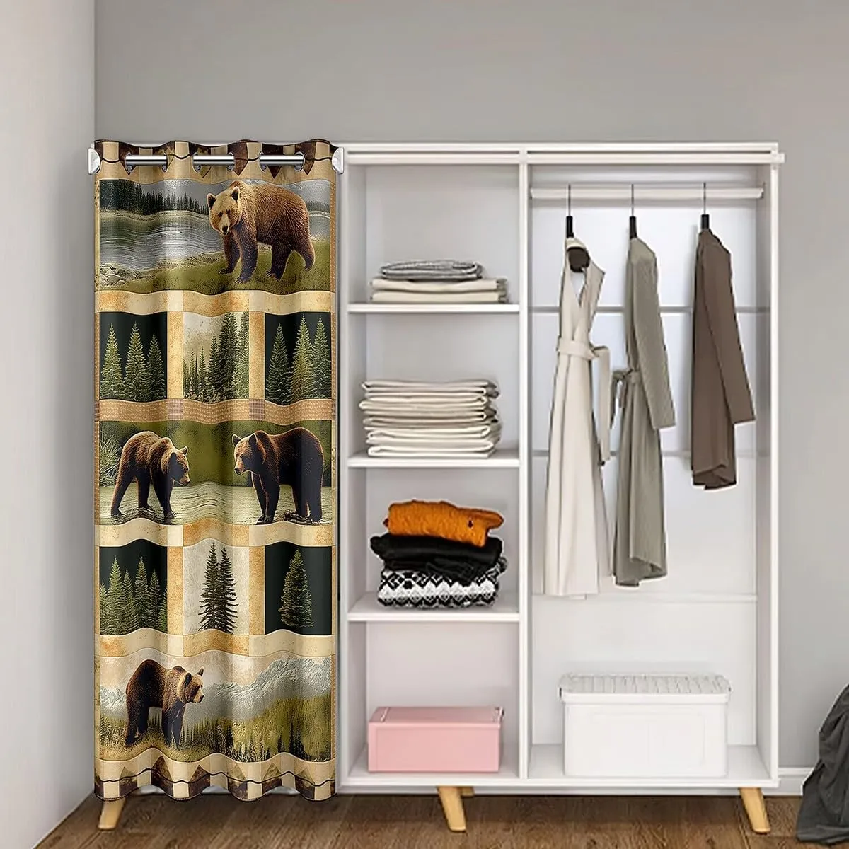 Manfei Wild Bear Blackout Curtain 80"×34",Rustic Lodge Cabin Jungle Pine Trees 1 Panel Door Curtain,Wild Animal Retro Brown Plaids Patchwork Doorway Curtain Restaurant