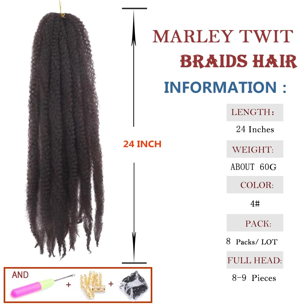 Marley Crochet Braids Hair 24 Inch 8 Packs Afro Kinky Marley Twist Braiding Hair Synthetic Curly Twist Marley Hair Long Springy Afro Twist Hair Extensions (4#, 24 Inch (Pack of 8))