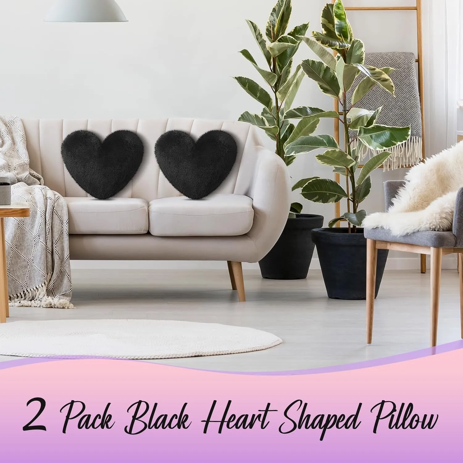 Marsui 2 Pcs Fluffy Heart Shaped Pillow Plush Cute Heart Shaped Throw Cushion Stuffed Decorative Gift Throw Pillow for Couch Bed Sofa Decoration Women(Black,11.81 x 11.02 Inch)