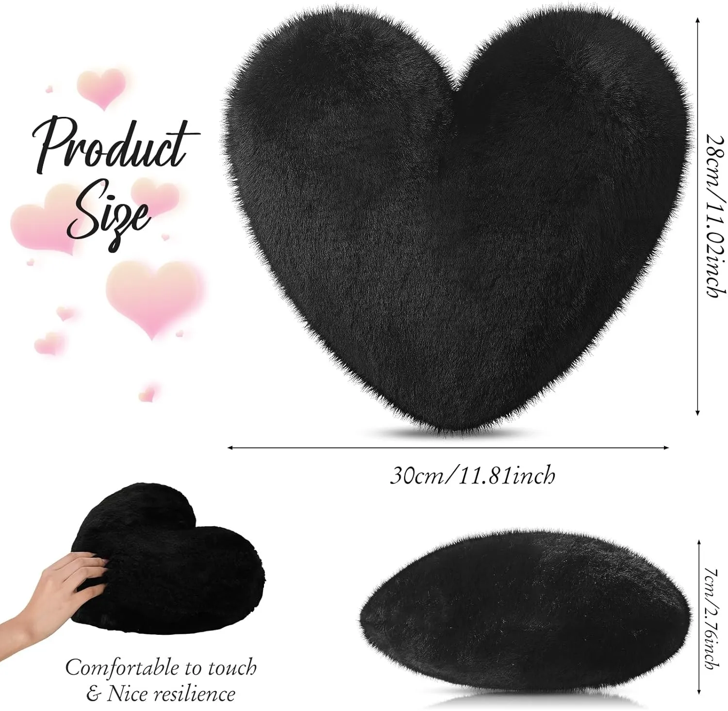 Marsui 2 Pcs Fluffy Heart Shaped Pillow Plush Cute Heart Shaped Throw Cushion Stuffed Decorative Gift Throw Pillow for Couch Bed Sofa Decoration Women(Black,11.81 x 11.02 Inch)