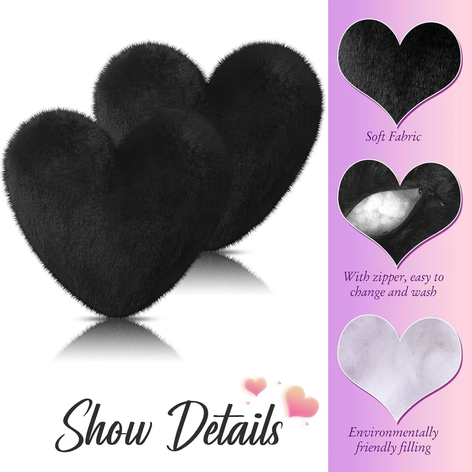 Marsui 2 Pcs Fluffy Heart Shaped Pillow Plush Cute Heart Shaped Throw Cushion Stuffed Decorative Gift Throw Pillow for Couch Bed Sofa Decoration Women(Black,11.81 x 11.02 Inch)