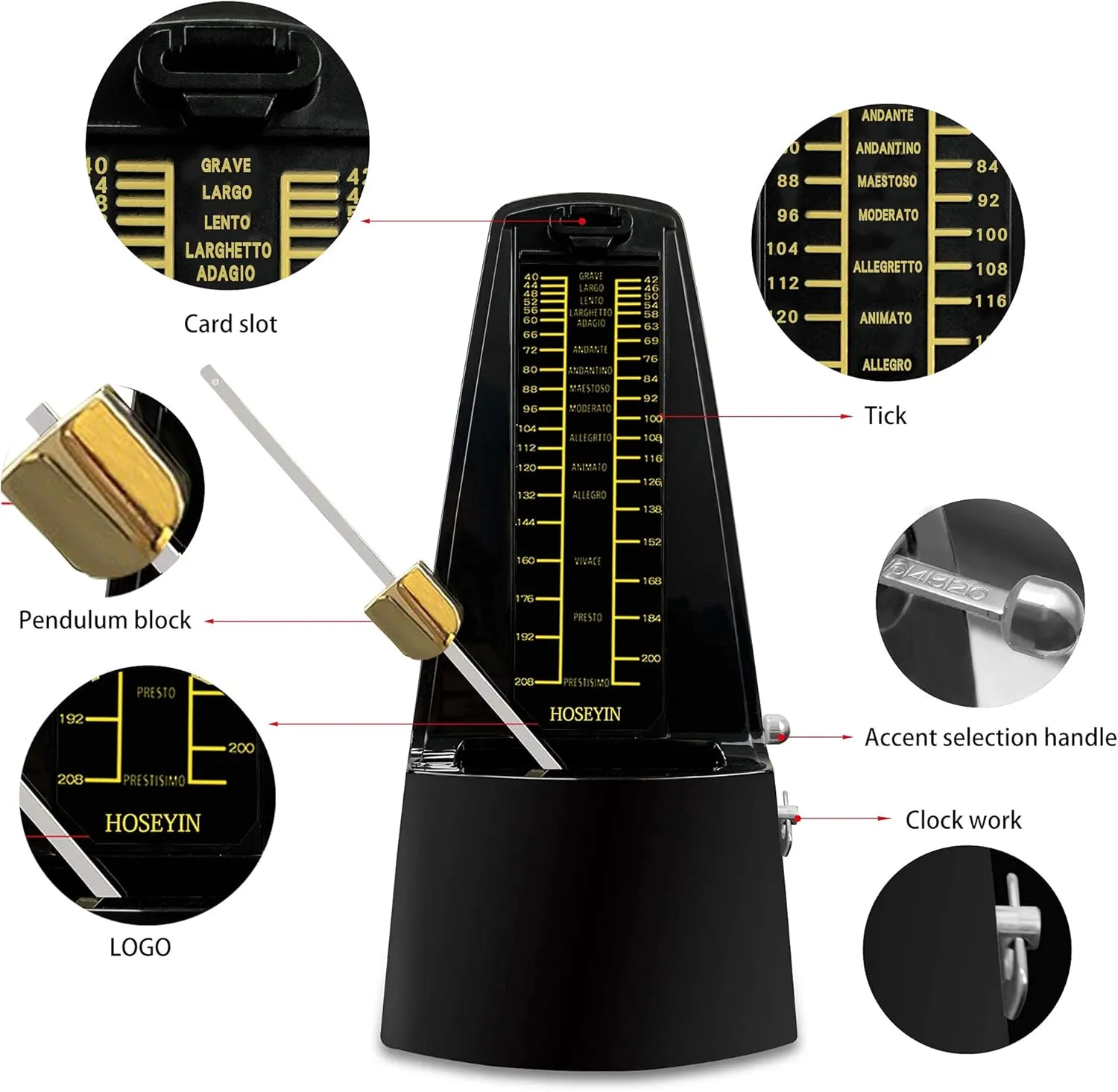 Mechanical Metronome, Universal Metronome for Piano, Guitar, Violin,Drums and Other Instruments (Standard, Black)