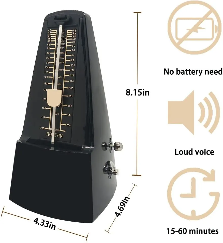 Mechanical Metronome, Universal Metronome for Piano, Guitar, Violin,Drums and Other Instruments (Standard, Black)
