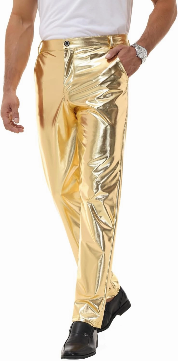 Mens Metallic Pants Night Club Rave Sequin Pants Shiny Slim Fit Trousers Disco Party Outfit