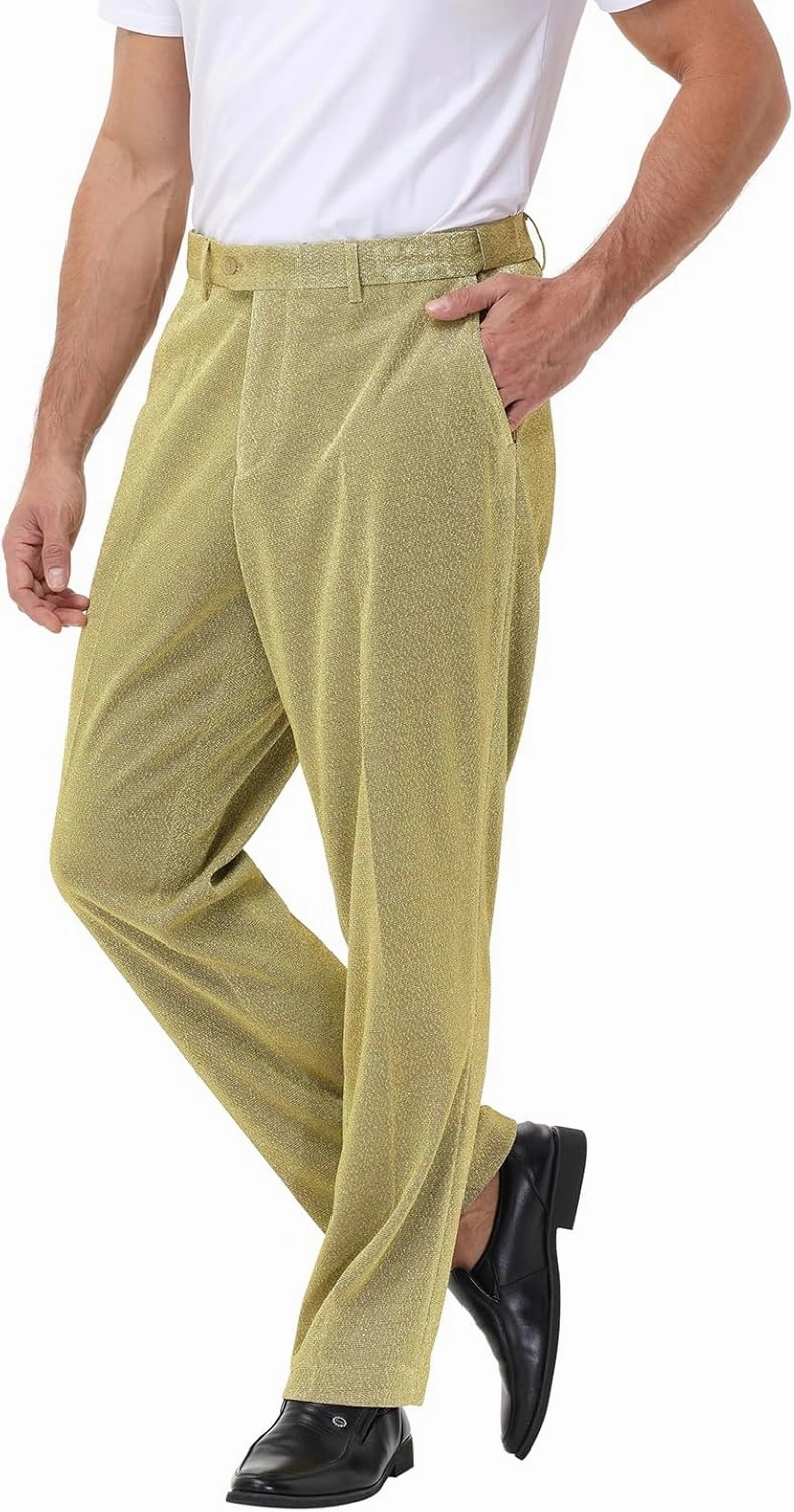 Mens Metallic Pants Night Club Rave Sequin Pants Shiny Slim Fit Trousers Disco Party Outfit