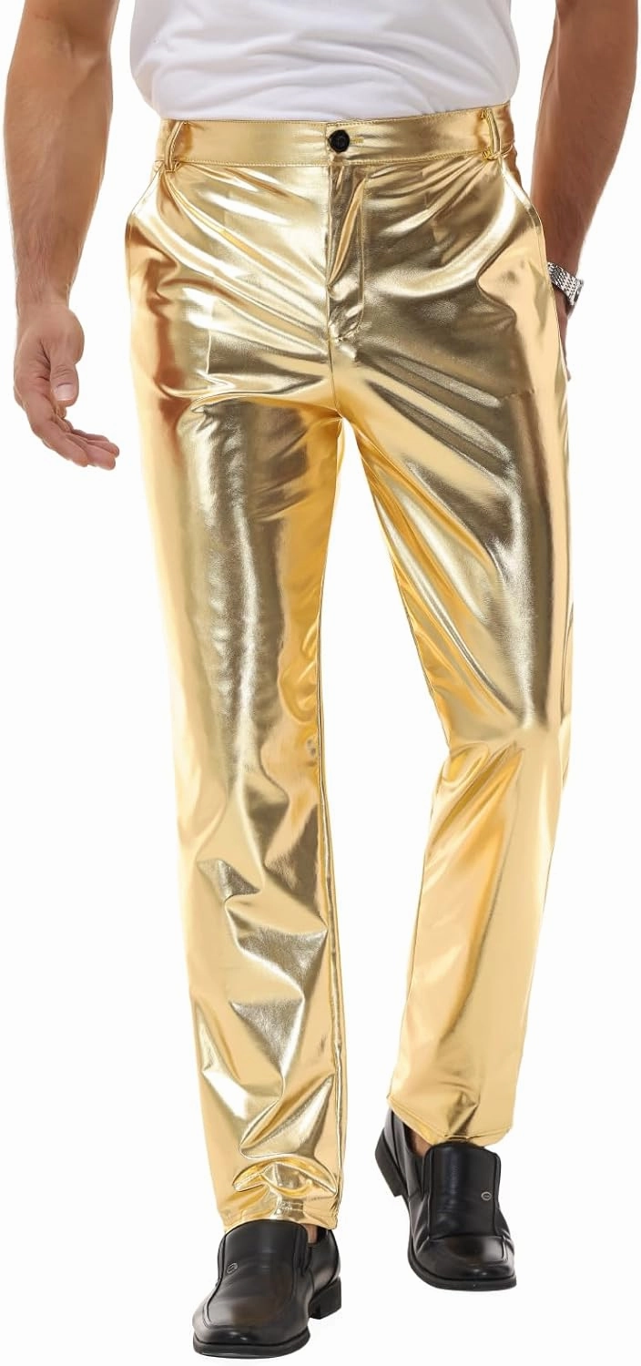 Mens Metallic Pants Night Club Rave Sequin Pants Shiny Slim Fit Trousers Disco Party Outfit