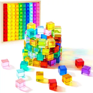 Meooeck 100 Pcs Acrylic Gem Cubes Blocks Translucent Rainbow Building Cubes Crystal Acrylic Educational Sensory Training Crystal Toys with Wooden Storage Boxes for Boys Girls Play