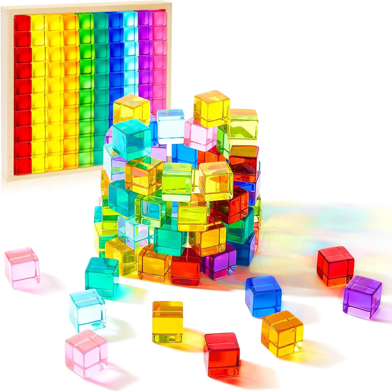 Meooeck 100 Pcs Acrylic Gem Cubes Blocks Translucent Rainbow Building Cubes Crystal Acrylic Educational Sensory Training Crystal Toys with Wooden Storage Boxes for Boys Girls Play