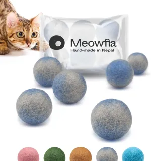 MEOWFIA Wool Ball Toys - 6-Pack of Safe for Cats and Small Dogs Balls - 1.5 Inch Felted Wool Cat Toy and Dog Toy - Perfect with Cat Cave - Silent - Mini Tennis Balls - (1,5in/Grey-Blue)