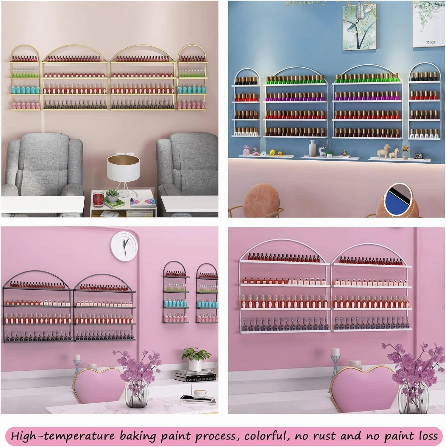 Metal Wall-Mounted Nail Polish Storage Racks, 4 Tiers Display Rack Cosmetic Display Cases Lipstick Perfume Wall Shelf Organizers for Home Spa Nail Salon Shop,Gold,130 * 68cm
