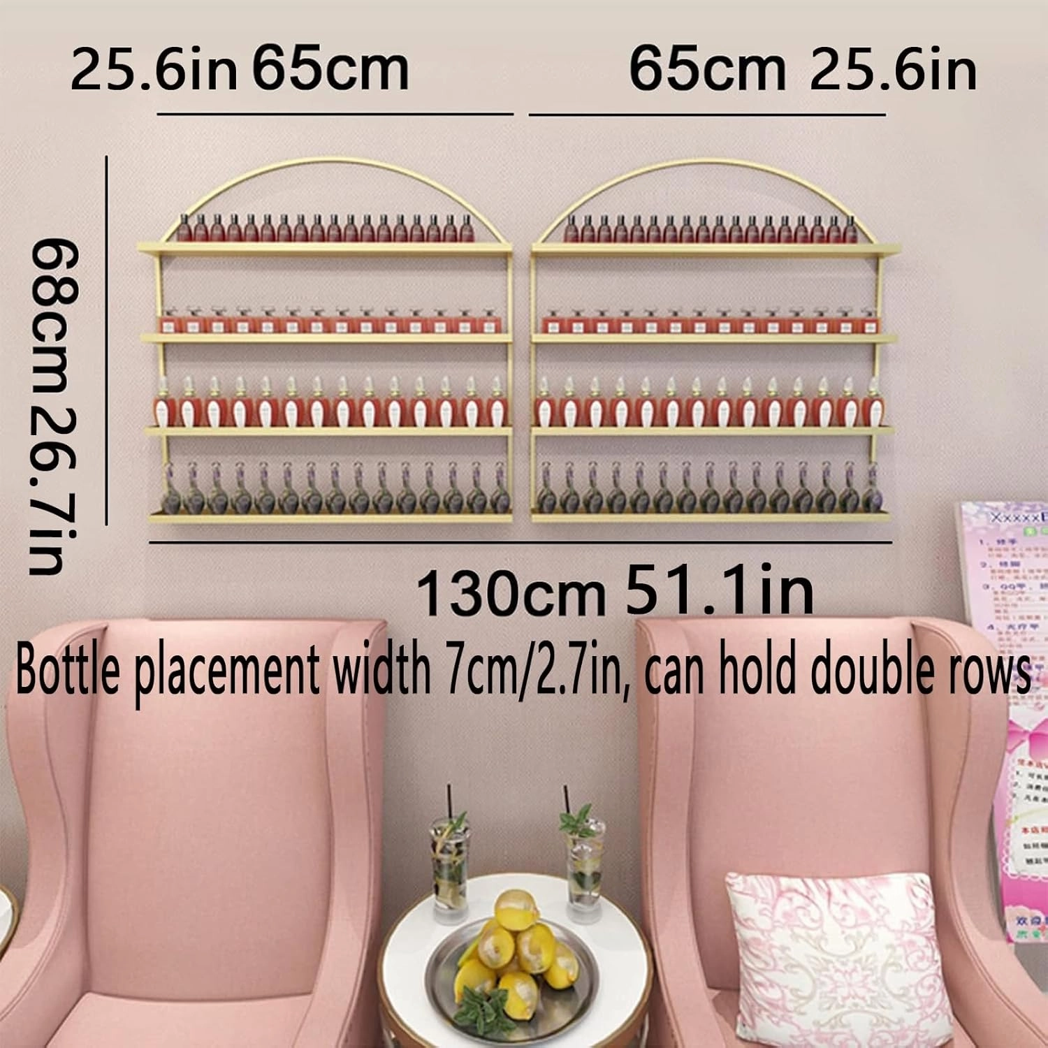 Metal Wall-Mounted Nail Polish Storage Racks, 4 Tiers Display Rack Cosmetic Display Cases Lipstick Perfume Wall Shelf Organizers for Home Spa Nail Salon Shop,Gold,130 * 68cm