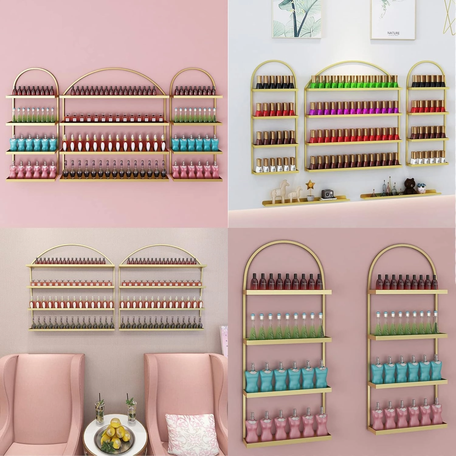 Metal Wall-Mounted Nail Polish Storage Racks, 4 Tiers Display Rack Cosmetic Display Cases Lipstick Perfume Wall Shelf Organizers for Home Spa Nail Salon Shop,Gold,130 * 68cm