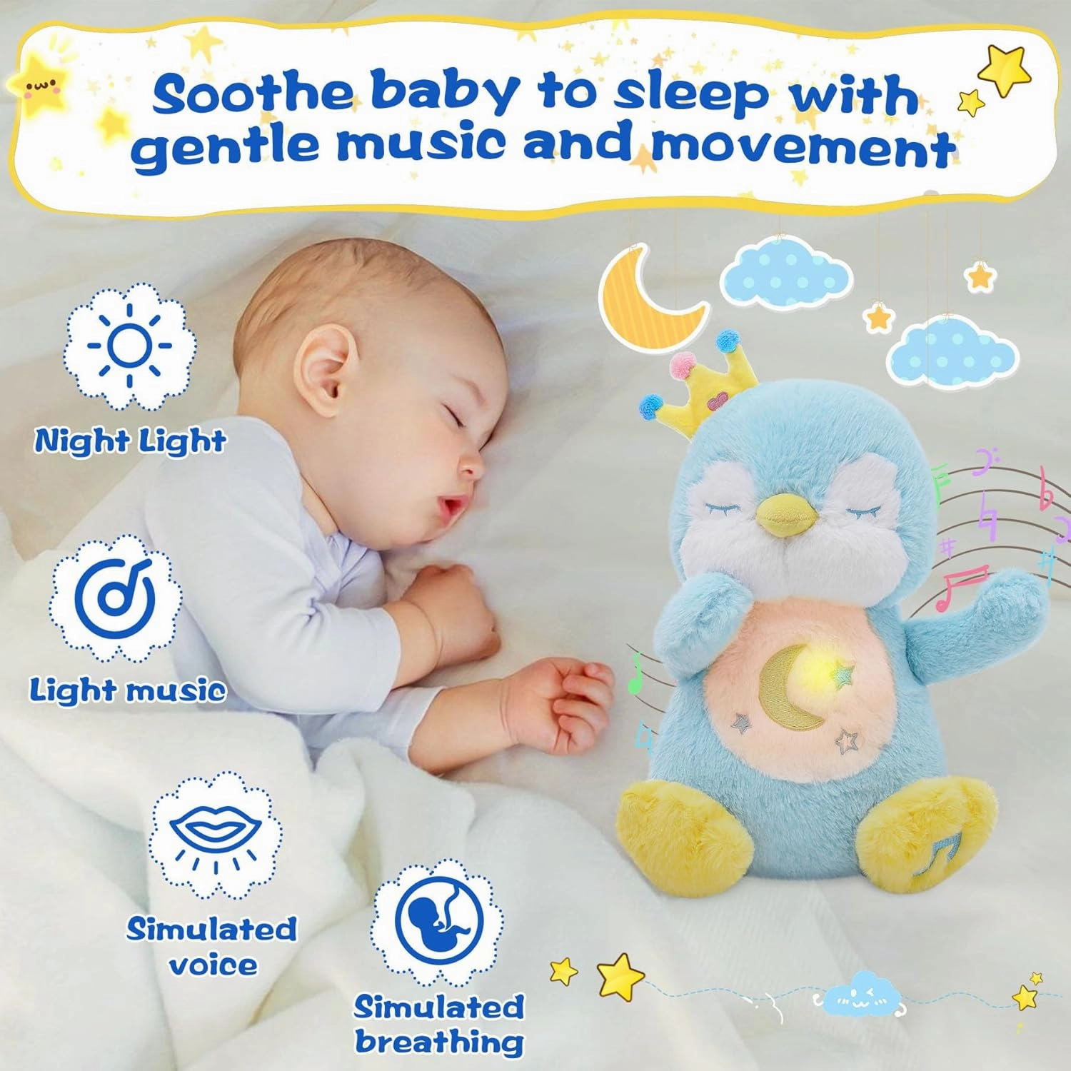 MIAODAM Breathing Stuffed Animal Penguin Plush with Realistic Breathing Action, Lighted Music Stuffed Animals for Anxiety Perfect for Babies and Kids