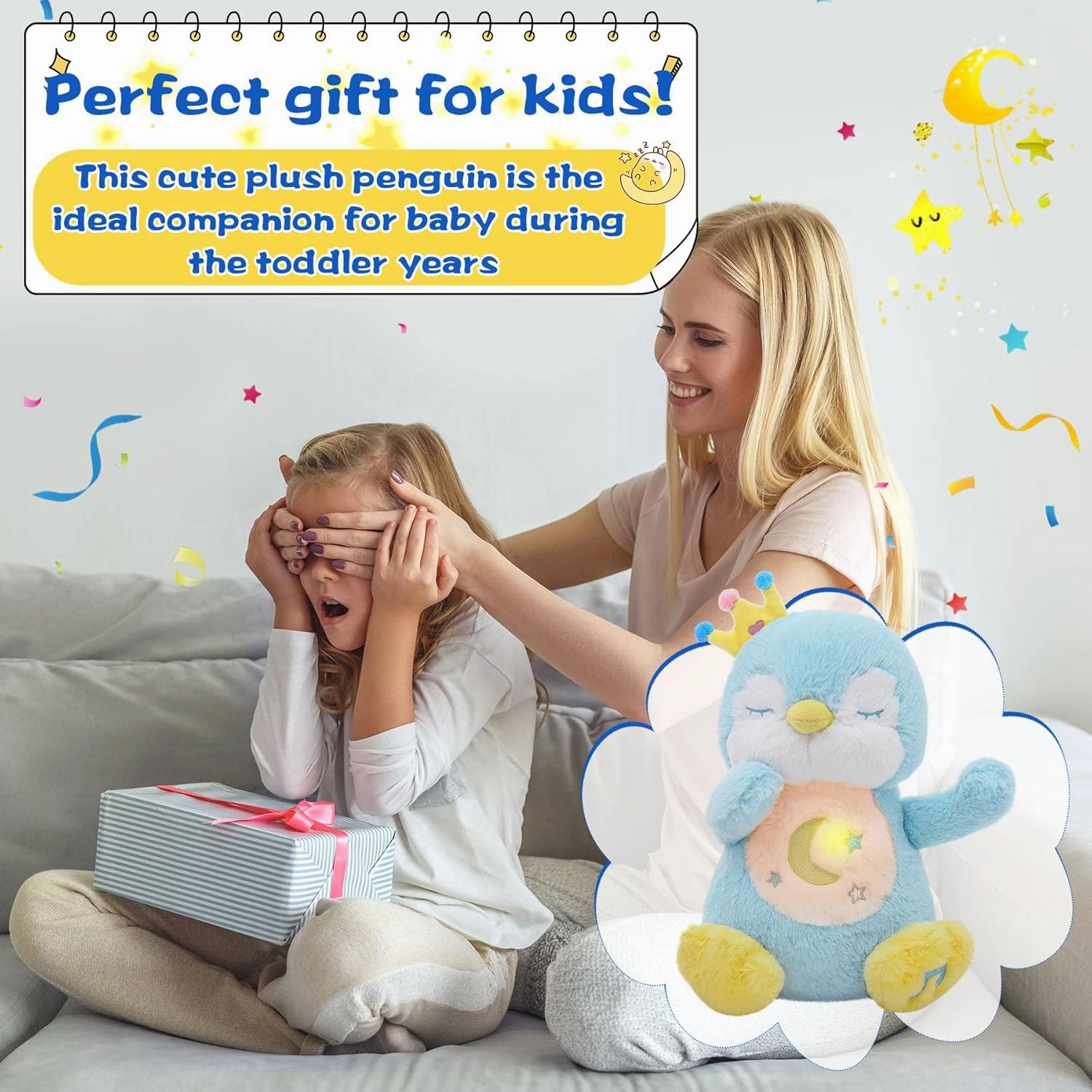 MIAODAM Breathing Stuffed Animal Penguin Plush with Realistic Breathing Action, Lighted Music Stuffed Animals for Anxiety Perfect for Babies and Kids