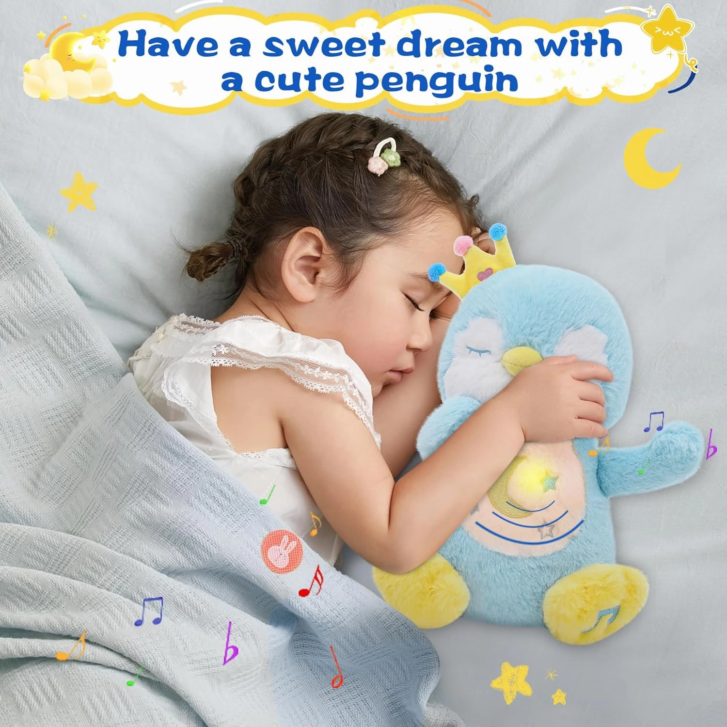 MIAODAM Breathing Stuffed Animal Penguin Plush with Realistic Breathing Action, Lighted Music Stuffed Animals for Anxiety Perfect for Babies and Kids