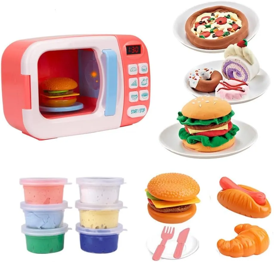 Microwave Toys Kitchen Play Set with Light Sound,Kids Pretend Play Electronic Oven with Play Food and 6 Color DIY Play-Dough for Children Ages 3  Years (Pink)