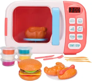 Microwave Toys Kitchen Play Set with Light Sound,Kids Pretend Play Electronic Oven with Play Food and 6 Color DIY Play-Dough for Children Ages 3  Years (Pink)
