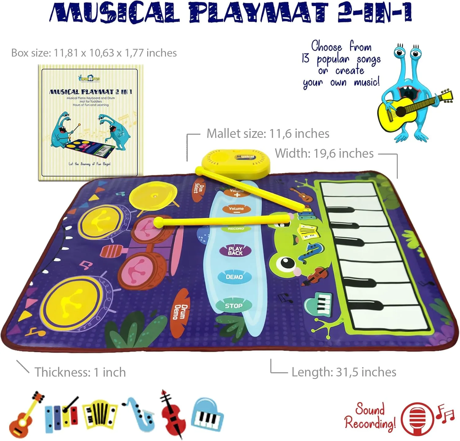 MINIARTIS 2-in-1 Baby Musical Mat | Floor Piano Mat & Drum Set for Toddlers 1-3 | Baby Musical Toys | Educational Music Mat for Girls & Boys Birthday Gifts