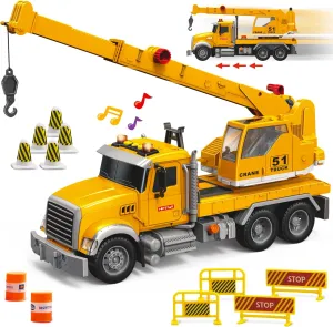 MOBIUS Toys Crane Truck Toy Set – Kids Construction Crane w/Extending Arm, Rotation, Props & Buttons   Sounds & Lights – Toy for Boys Age 4-7, Girls 3 Years Old 