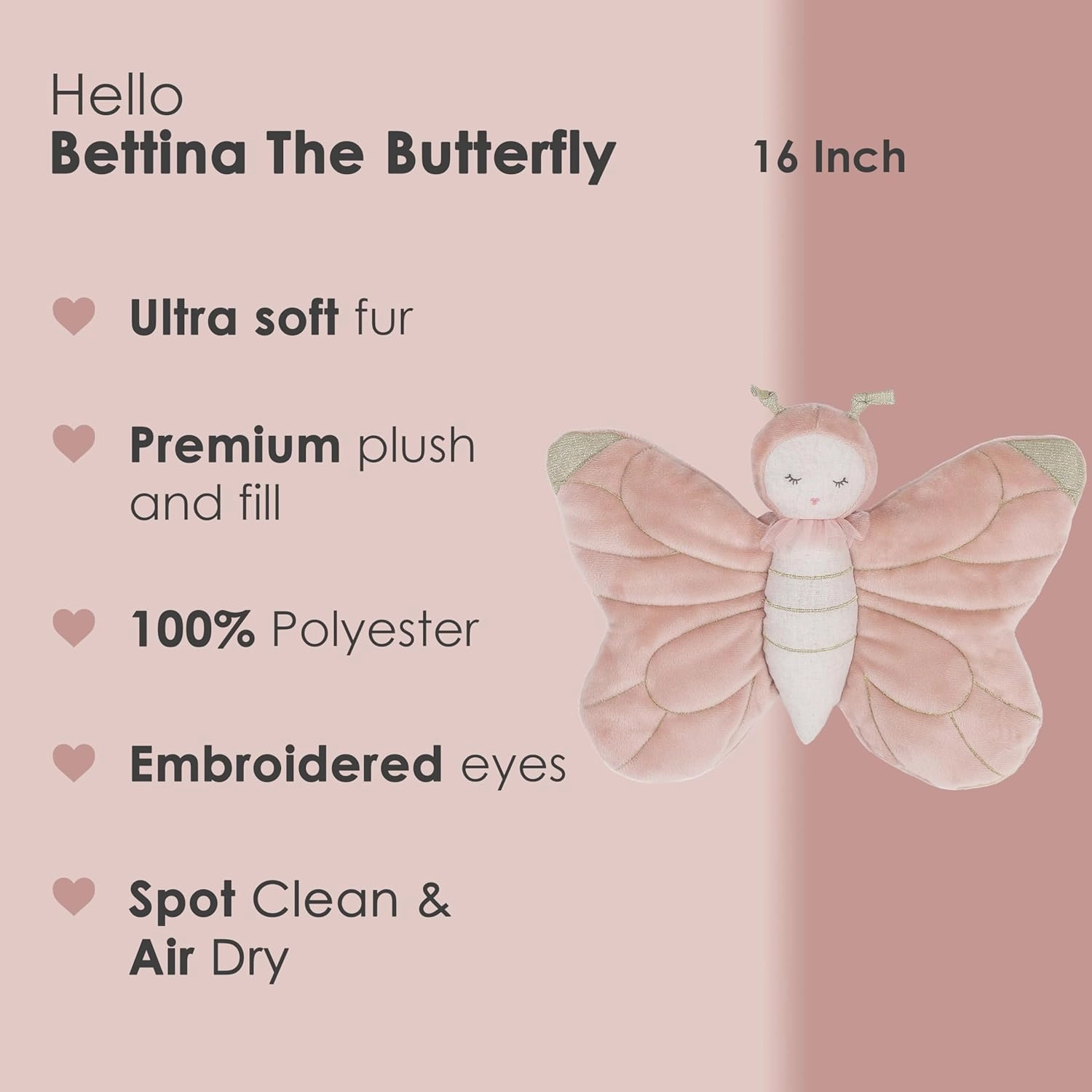 MON AMI Bettina The Butterfly Stuffed Animal – 16” Pink, Plush Bug Toy for Kids, Plush Animals for Birthday Nursery Décor