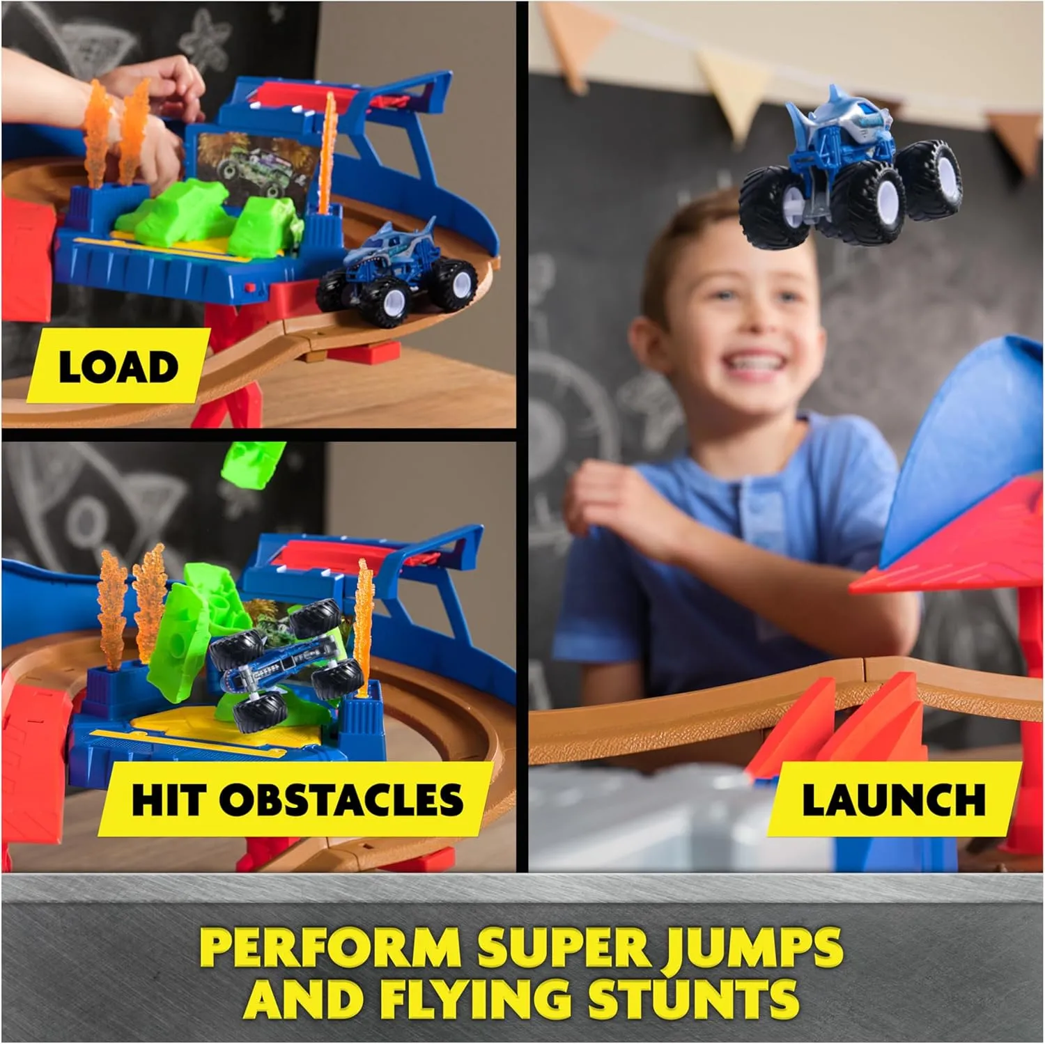 Monster Jam, Supercharge Speedway Playset, Megalodon and El Toro Loco Die-Cast Monster Trucks, Light Up World Finals Track Kids Toys for Boys Ages 3 and Up