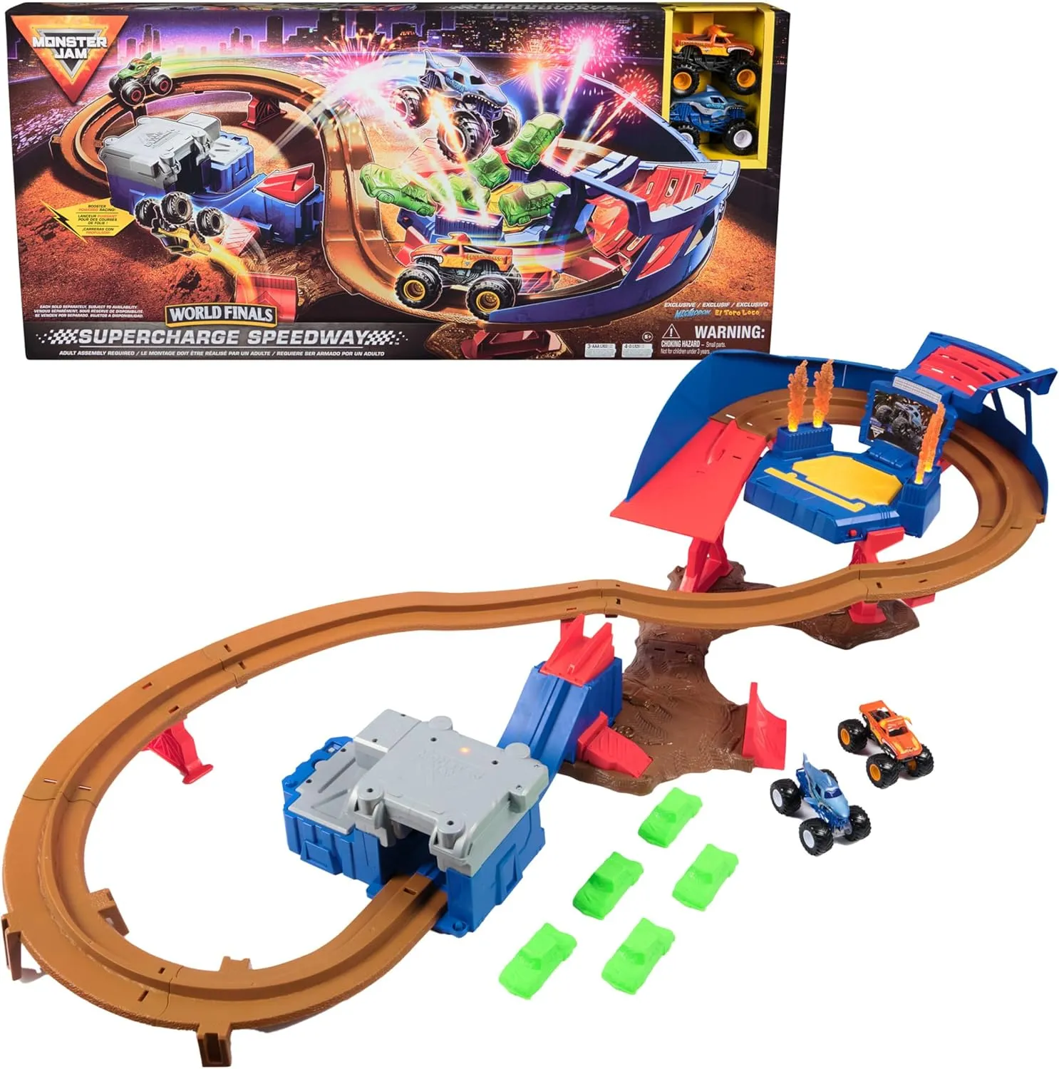 Monster Jam, Supercharge Speedway Playset, Megalodon and El Toro Loco Die-Cast Monster Trucks, Light Up World Finals Track Kids Toys for Boys Ages 3 and Up