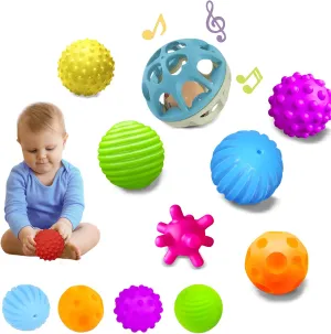 Montessori Sensory Toy Set for Babies 3  Months – Textured Baby Balls & Wheat Straw Rattle, Soft Rubber Balls for 3-12 Months, Early Learning Toys for Infants & Toddlers