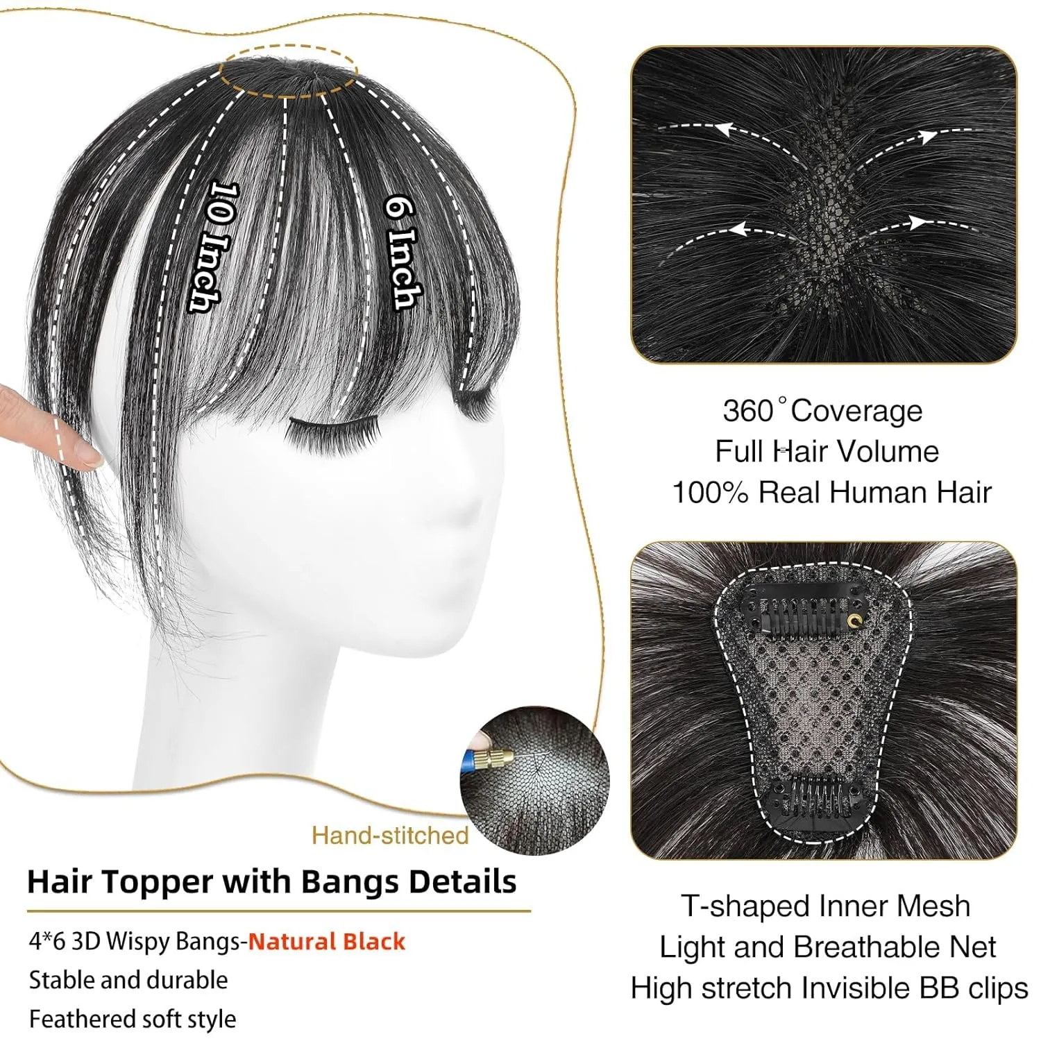 MORICA 360 3D Cover Clip, 100% Real Human Hair Toppers with Bangs, Clip on Hair Pieces for Women (Natural Black, 46 3D Bangs)