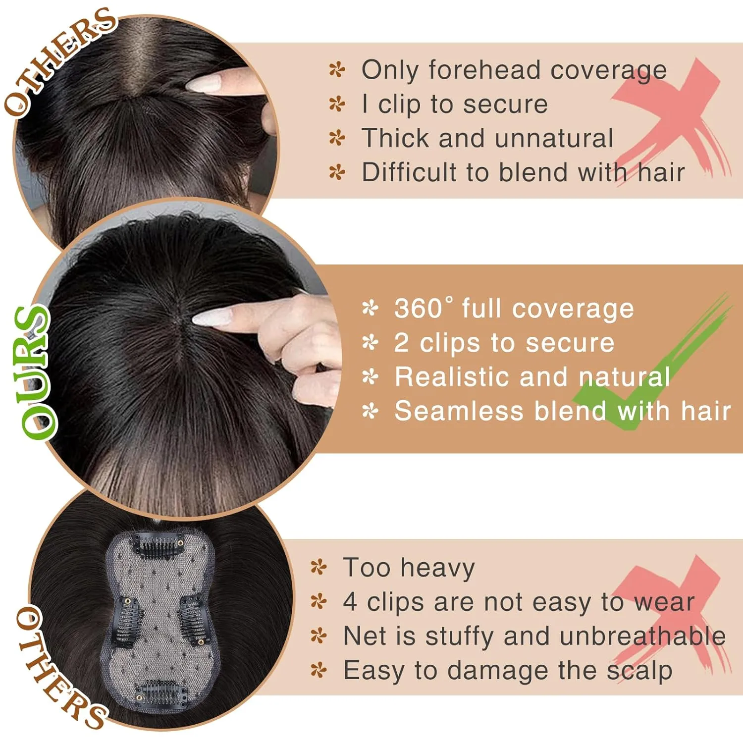 MORICA 3D Cover Clip, Darkest Brown 360 Real Human Hair Toppers with Bangs for Women Daily Wear (2#, 5x7 Bangs)