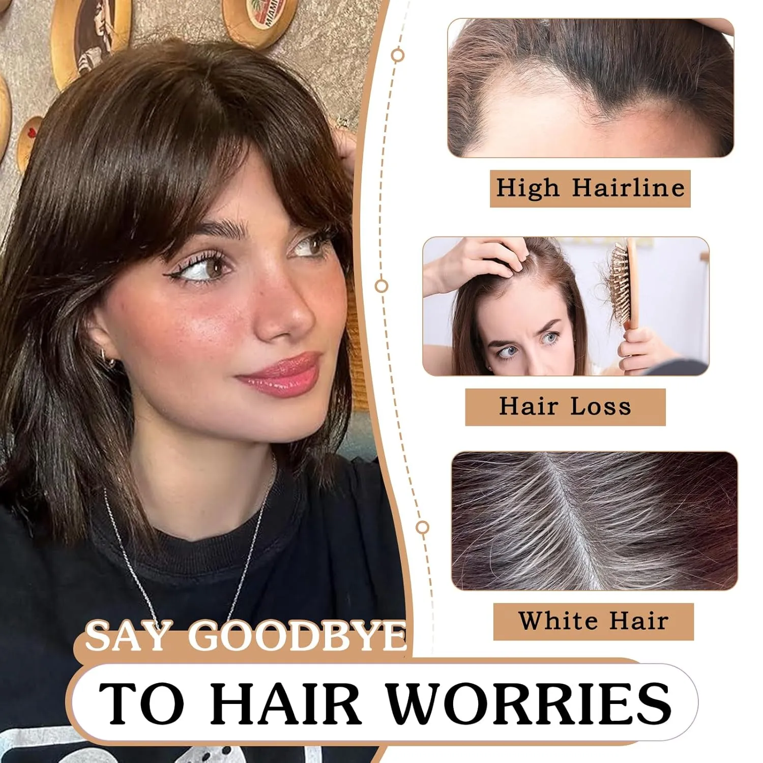 MORICA 3D Cover Clip, Darkest Brown 360 Real Human Hair Toppers with Bangs for Women Daily Wear (2#, 5x7 Bangs)