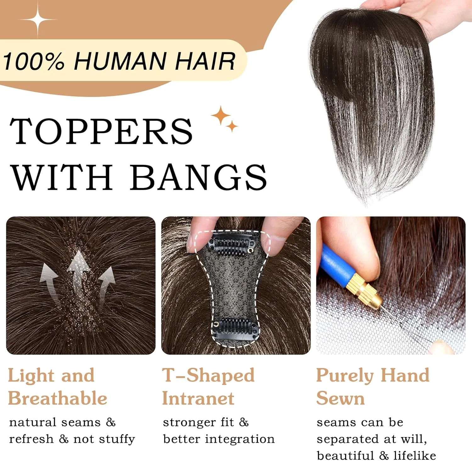 MORICA 3D Cover Clip, Darkest Brown 360 Real Human Hair Toppers with Bangs for Women Daily Wear (2#, 5x7 Bangs)