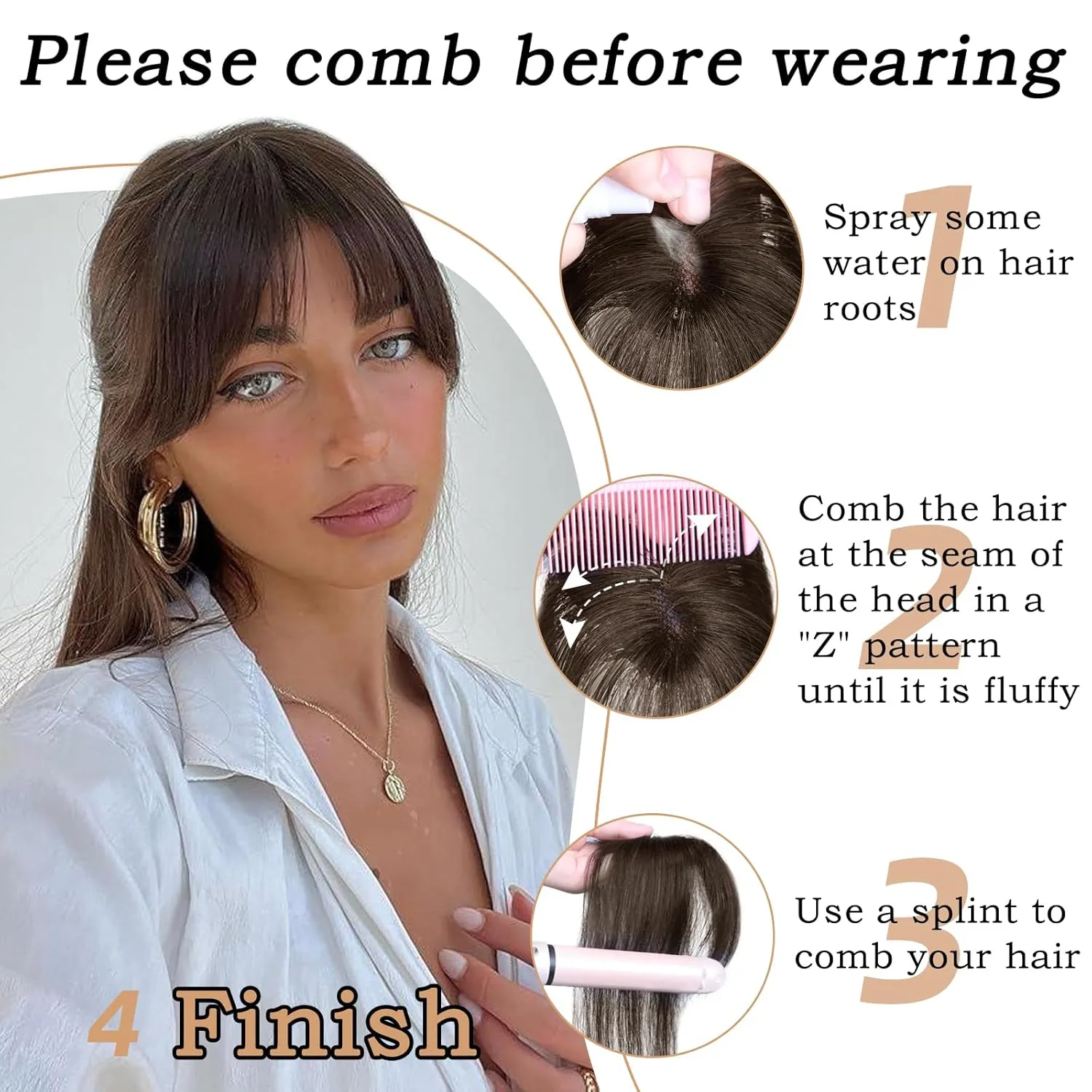 MORICA 3D Cover Clip, Darkest Brown 360 Real Human Hair Toppers with Bangs for Women Daily Wear (2#, 5x7 Bangs)