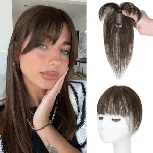 MORICA 3D Cover Clip, Darkest Brown 360 Real Human Hair Toppers with Bangs for Women Daily Wear (2#, 5x7 Bangs)