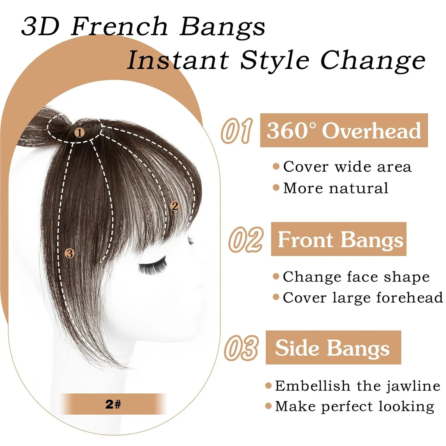 MORICA 3D Cover Clip, Darkest Brown 360 Real Human Hair Toppers with Bangs for Women Daily Wear (2#, 5x7 Bangs)