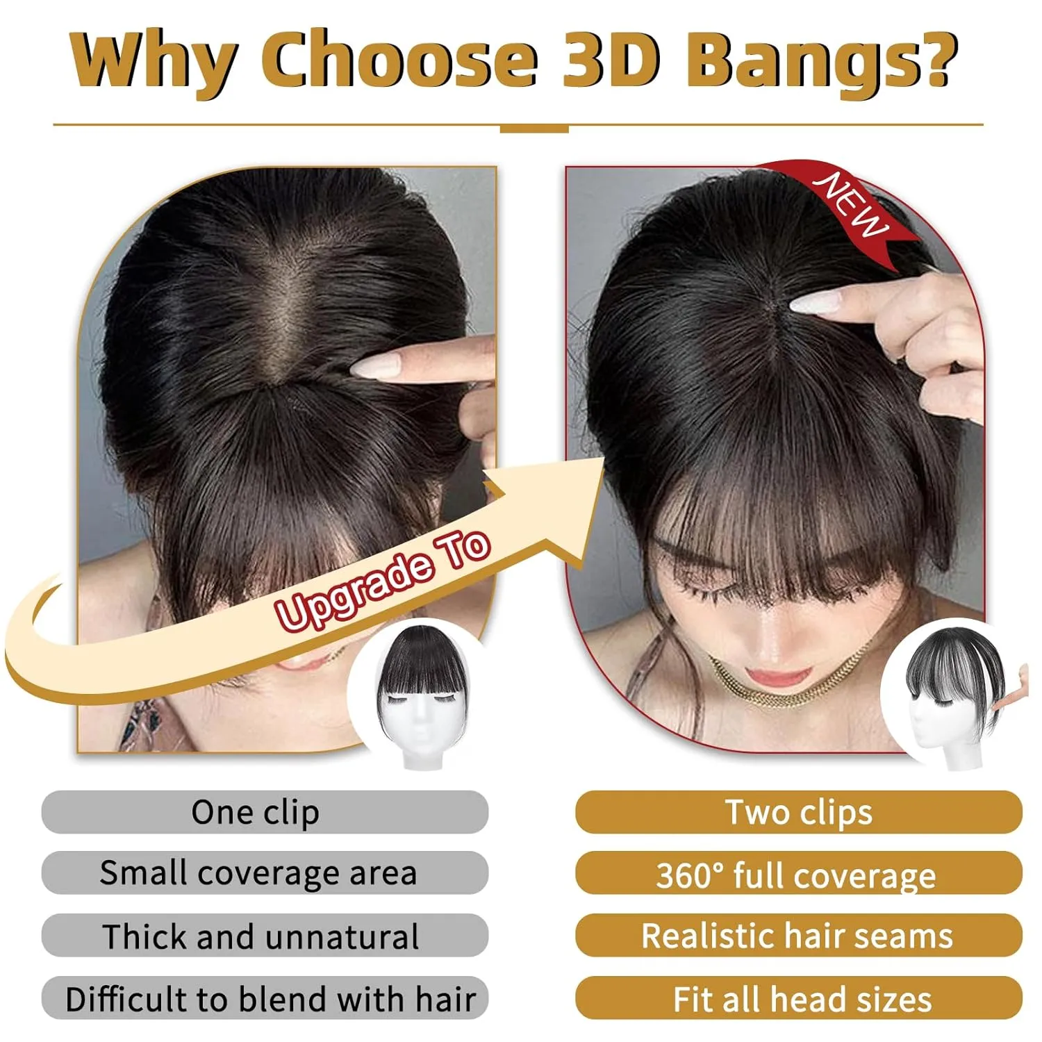 MORICA Bangs Hair Clip, 360° 3D Cover Clip in Bangs 100% Real Human Hair Toppers with Bangs，Hair pieces Clip on Bangs for Women Fake Bangs for Daily Wear (Brown Black, 4×6 3D Bangs)