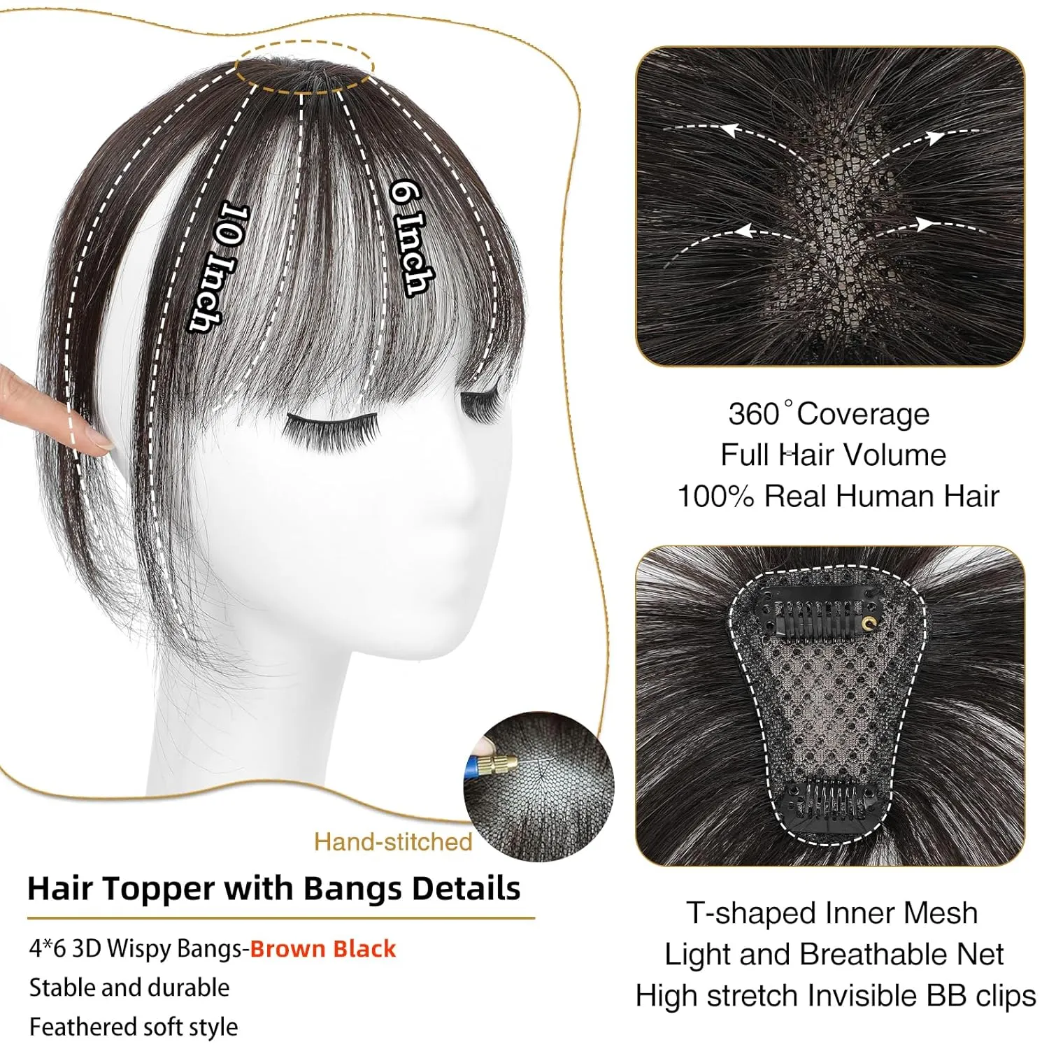 MORICA Bangs Hair Clip, 360° 3D Cover Clip in Bangs 100% Real Human Hair Toppers with Bangs，Hair pieces Clip on Bangs for Women Fake Bangs for Daily Wear (Brown Black, 4×6 3D Bangs)