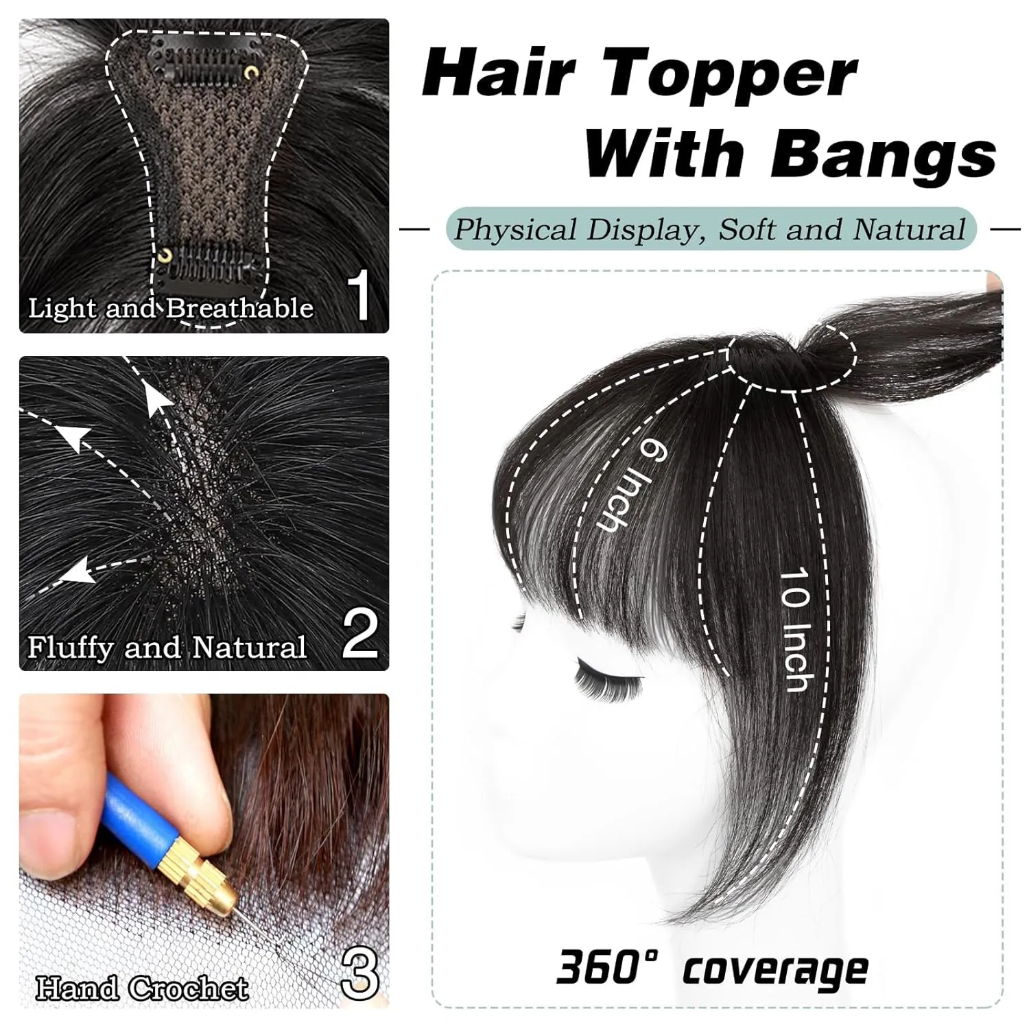 MORICA Bangs Hair Clip, 360° 3D Cover Clip in Bangs 100% Real Human Hair Toppers with Bangs，Hair pieces Clip on Bangs for Women Fake Bangs for Daily Wear (Natural Black, 5×7 3D Bangs)