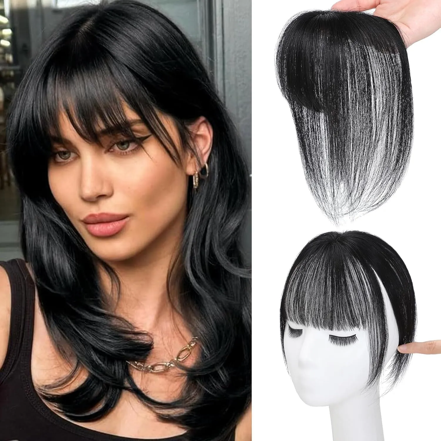 MORICA Bangs Hair Clip, 360° 3D Cover Clip in Bangs 100% Real Human Hair Toppers with Bangs，Hair pieces Clip on Bangs for Women Fake Bangs for Daily Wear (Natural Black, 5×7 3D Bangs)