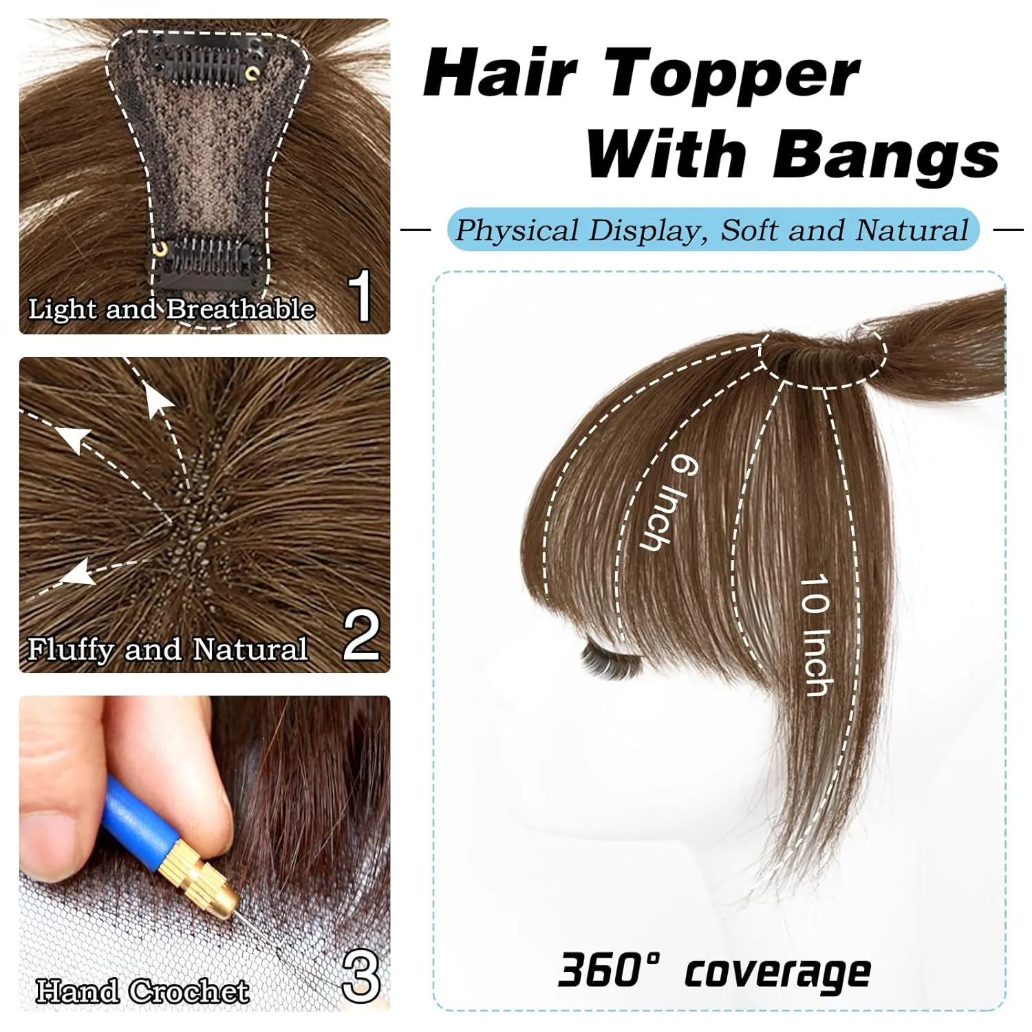 MORICA Bangs Hair Clip, 360° 3D Cover Clip in Bangs 100% Real Human Hair Toppers with Bangs，Hair pieces for Women Fake Bangs for Daily Wear (Brown, 5×7 3D Bangs)