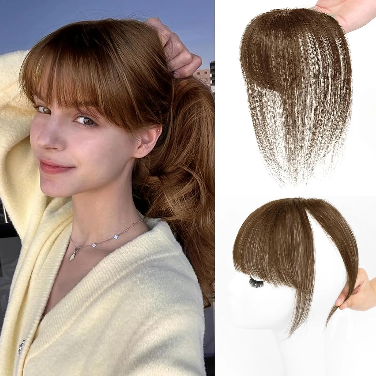 MORICA Bangs Hair Clip, 360° 3D Cover Clip in Bangs 100% Real Human Hair Toppers with Bangs，Hair pieces for Women Fake Bangs for Daily Wear (Brown, 5×7 3D Bangs)