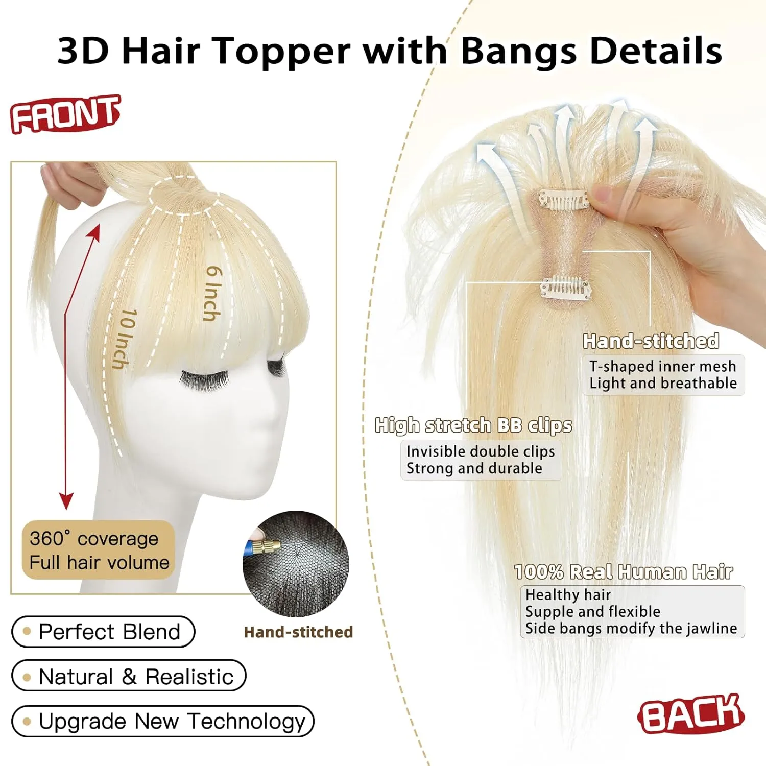 MORICA Bangs Hair Clip, 360° 3D Cover Clip in Bangs 100% Real Human Hair Toppers with Bangs，Hair pieces for Women Fake Bangs for Daily Wear (Light Blonde, 5×7 3D Bangs)
