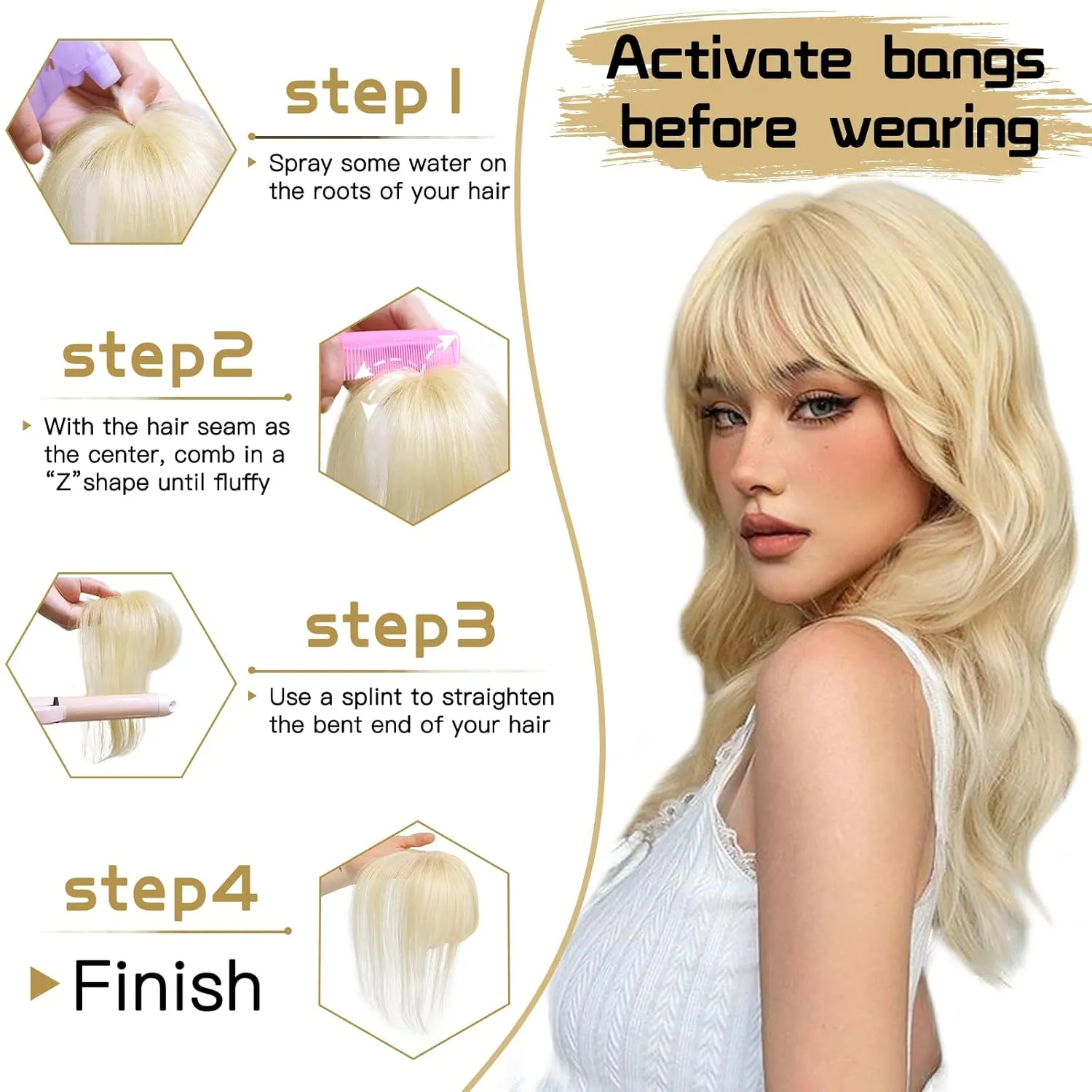 MORICA Bangs Hair Clip, 360° 3D Cover Clip in Bangs 100% Real Human Hair Toppers with Bangs，Hair pieces for Women Fake Bangs for Daily Wear (Light Blonde, 5×7 3D Bangs)