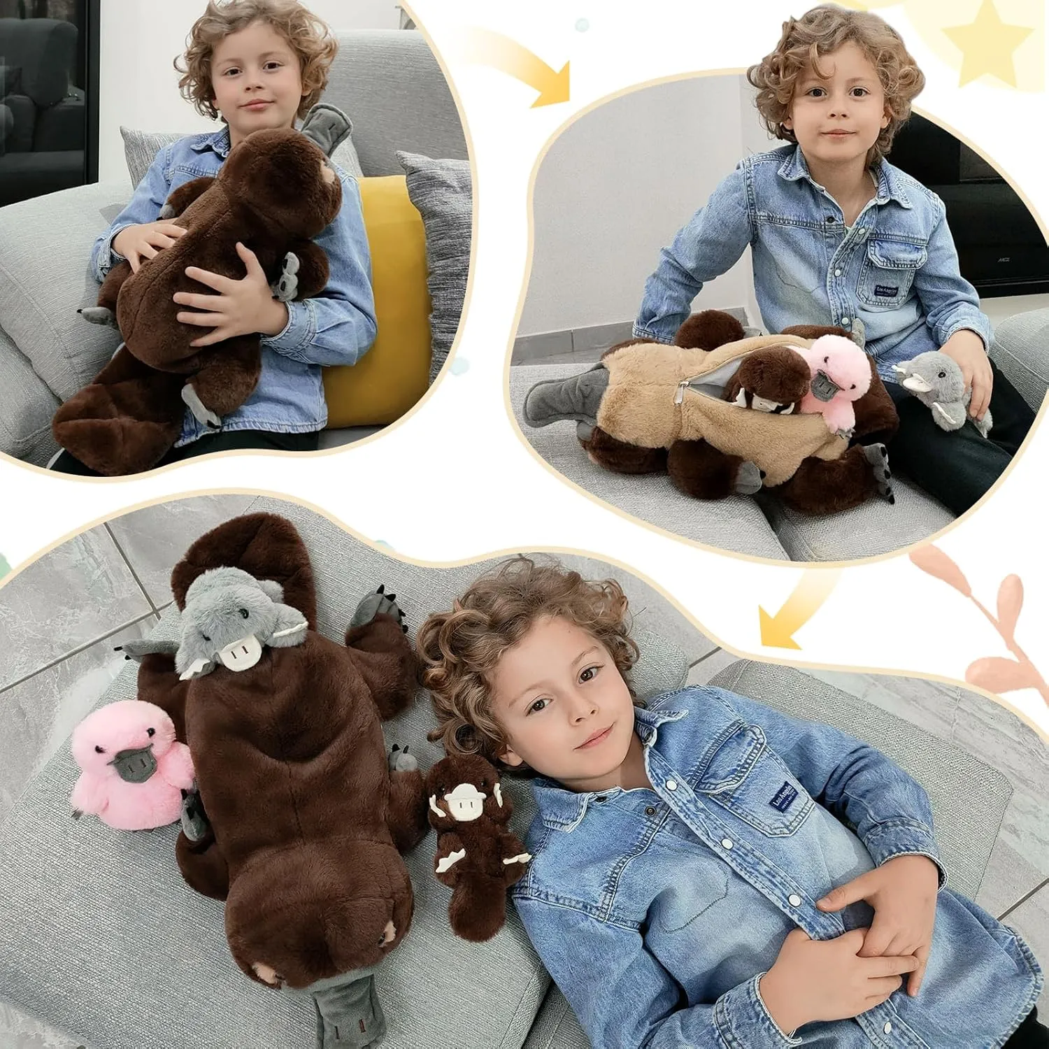 MorisMos 4Pcs Giant Platypus Stuffed Animal, 22inch Large Realistic Platypus Plush with 3 Baby Plush Toys Gifts for Kids, Boys, Girls, Brown