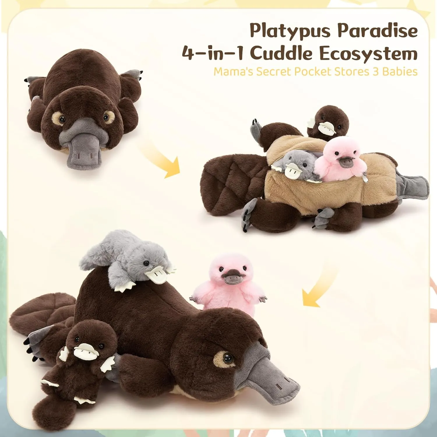 MorisMos 4Pcs Giant Platypus Stuffed Animal, 22inch Large Realistic Platypus Plush with 3 Baby Plush Toys Gifts for Kids, Boys, Girls, Brown